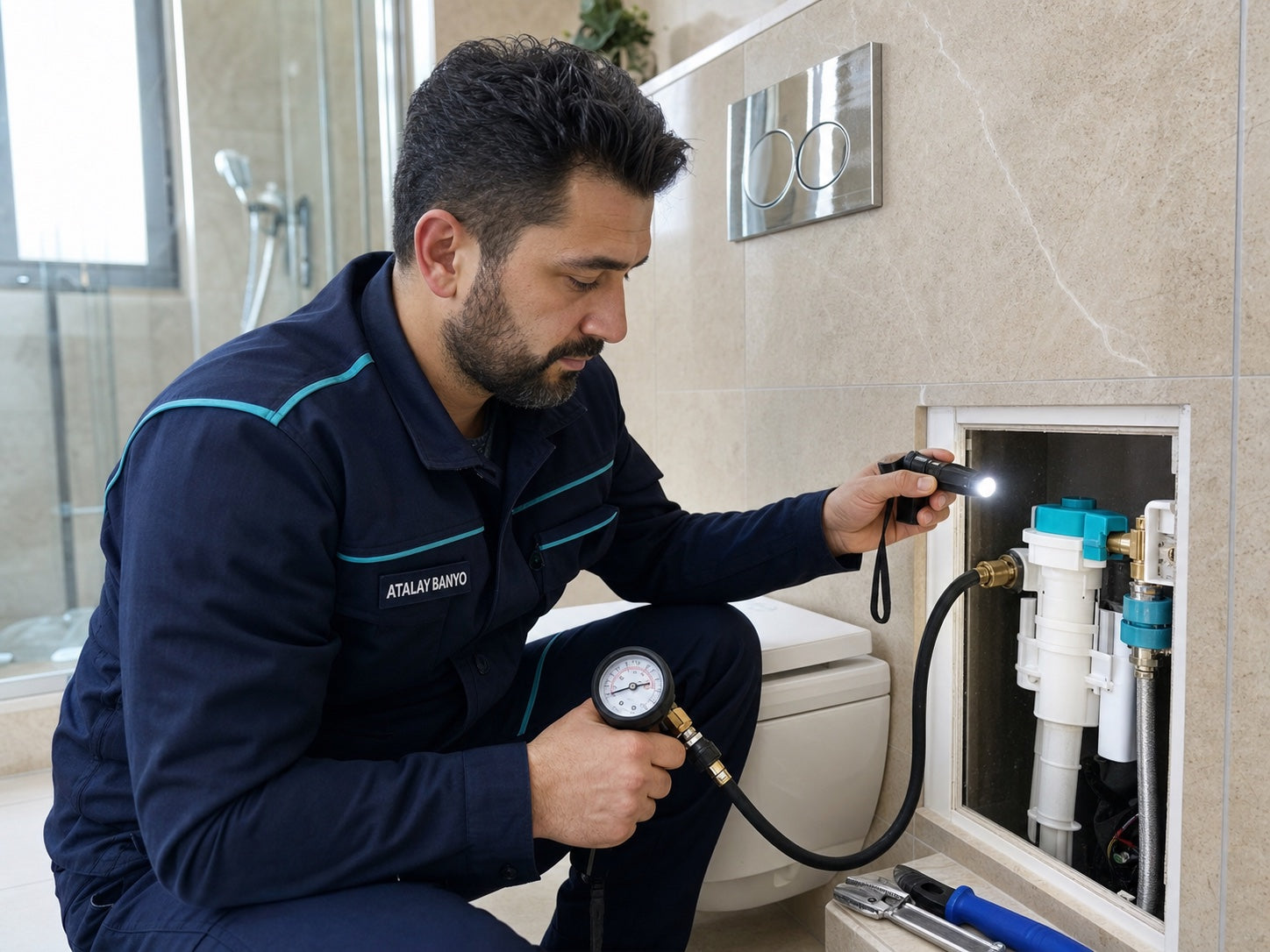 Atalay Banyo teknisyeni arıza tespiti yapıyor
